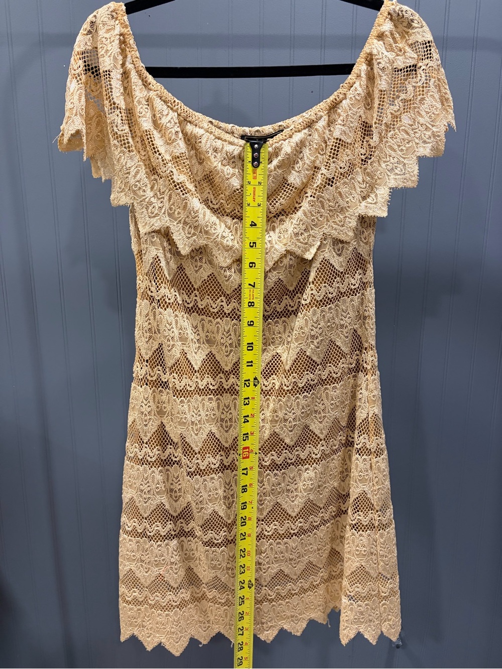 Lucky & Blessed One-Shoulder Scalloped Lace Dress in Tan - Picture 3 of 6